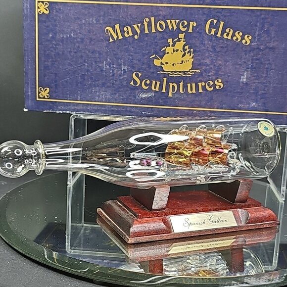 Mayflower Glass Sculptures Gilded Ship in a Bottle - Spanish Galleon - In Box - Picture 5 of 16